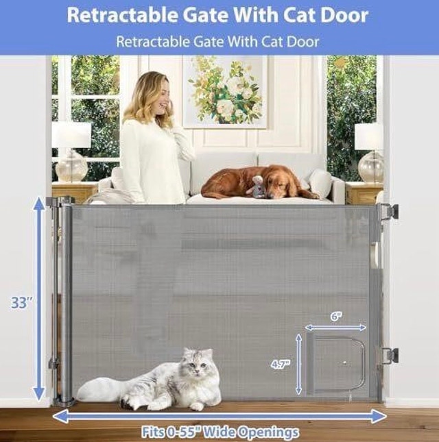 New in Box Retractable Dog Gate with Cat Door 55" Wide - photo 2