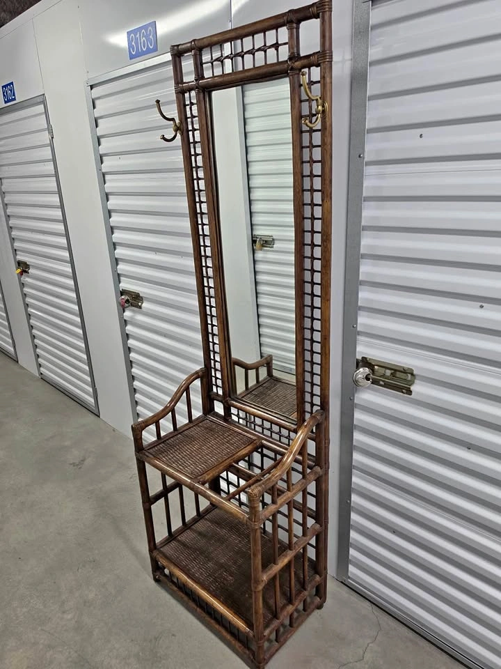 Vintage Bamboo / Rattan Hall Tree Entryway Bench w/ Mirror