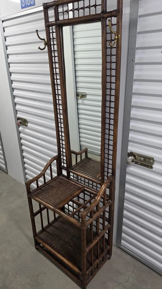 Vintage Bamboo / Rattan Hall Tree Entryway Bench w/ Mirror - photo 3
