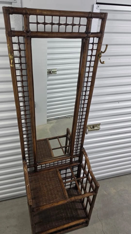 Vintage Bamboo / Rattan Hall Tree Entryway Bench w/ Mirror - photo 4