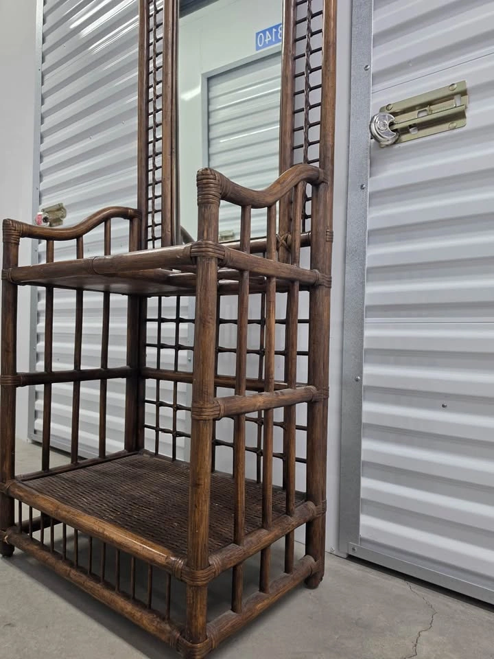 Vintage Bamboo / Rattan Hall Tree Entryway Bench w/ Mirror - photo 5