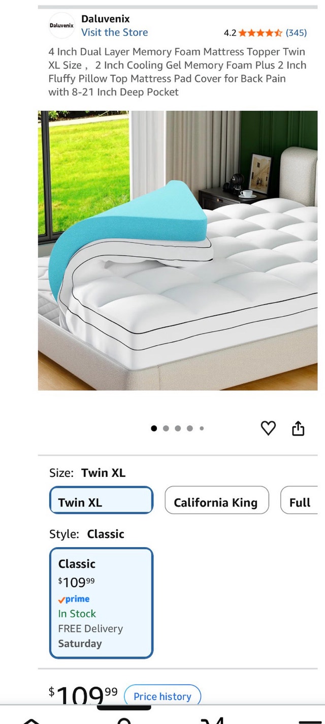 110$ NEW NEVER USED TWIN XL MATTRESS TOPPER