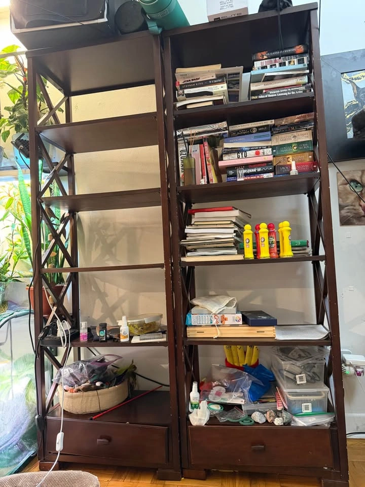 Dark brown wood bookshelves — pickup only