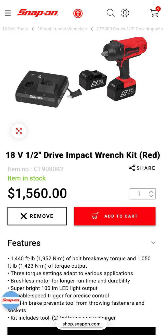 Snap-on 1/2 Impact Gun Kit 18V CT9080 with 2 Batteries 1 Charger - photo 5