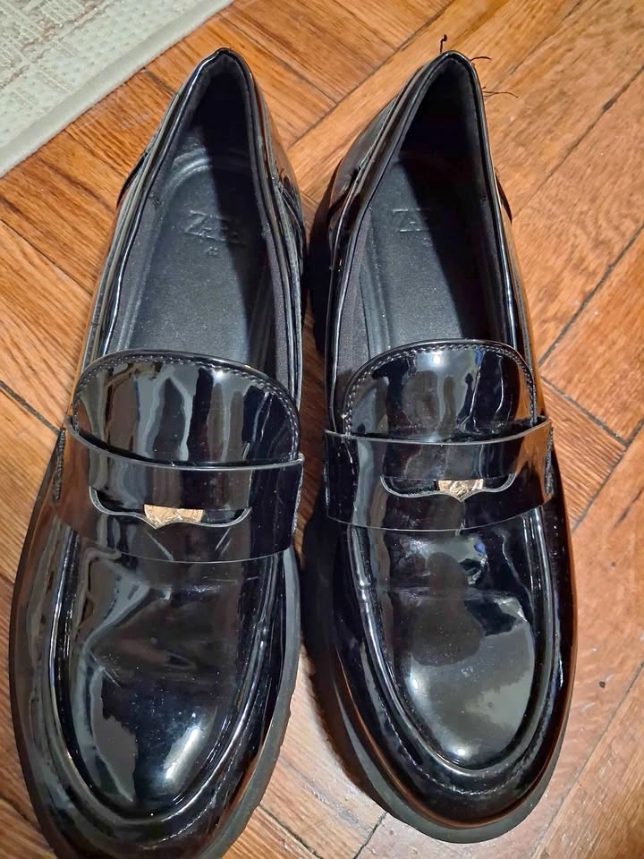 Zara Patent-Finish Track-Sole Loafers in black