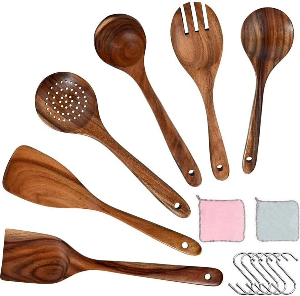 6pc Wooden Cooking Utensils Set Natural Teak Wood - New