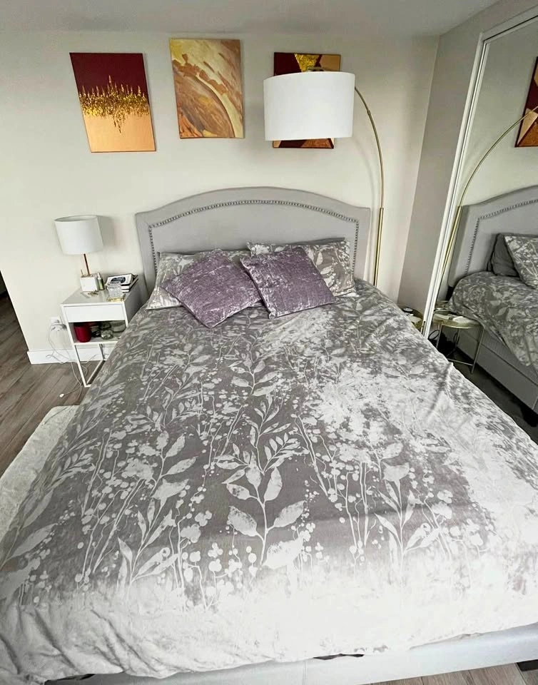 Queen Upholstered Bed Frame + Box Spring – $200