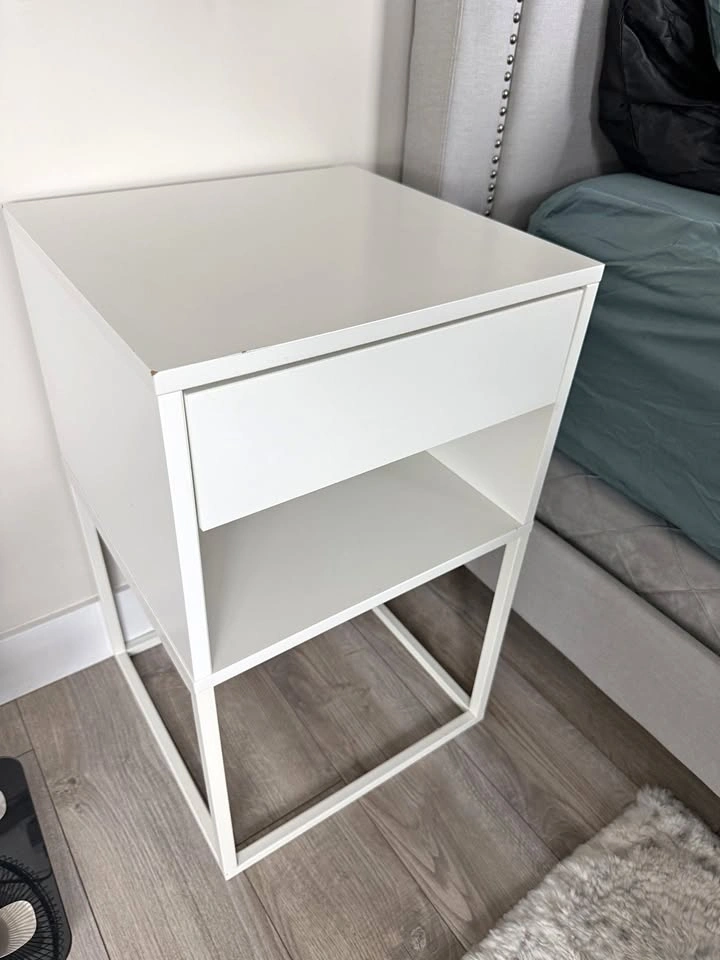White Nightstand with Drawer and Shelf – 15.5"W