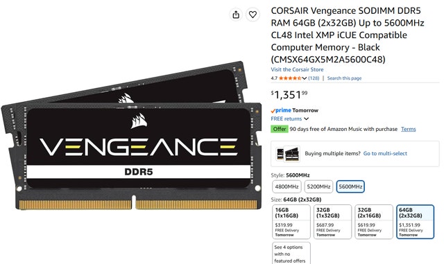 64GB RAM Laptop Memory (2x32GB) CORSAIR Vengeance DDR5