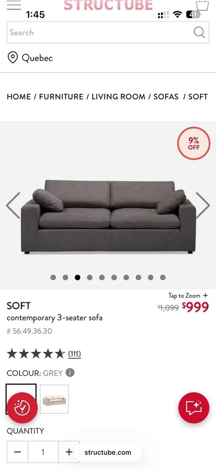 Structube Soft Contemporary 3-Seater Sofa