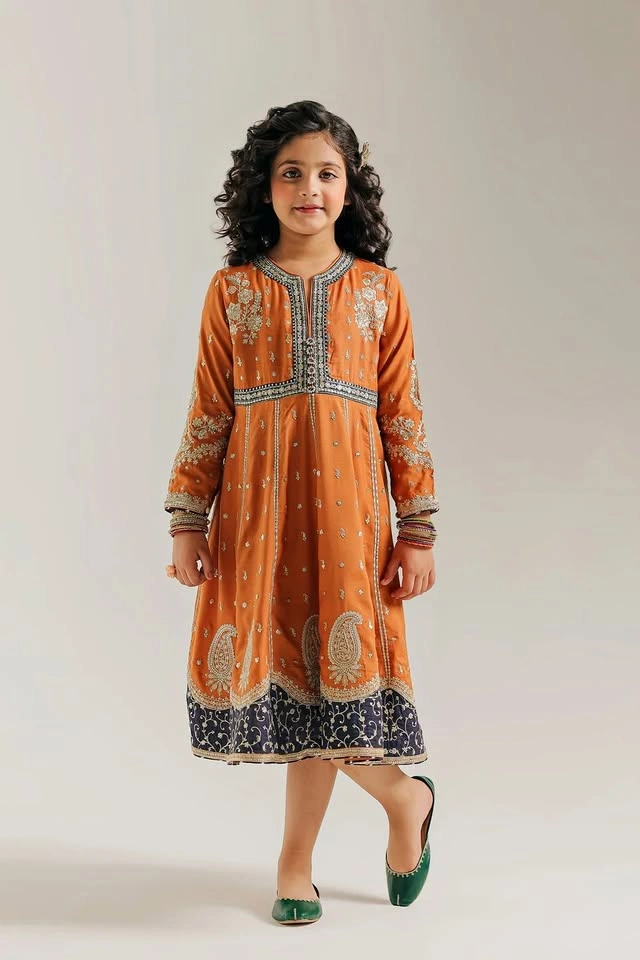 Ethnc Kids - Rust orange embroidered kurta