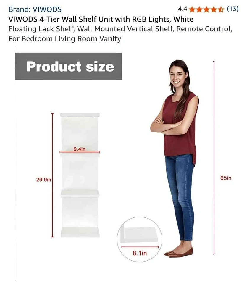 VIWODS 4-Tier Wall Shelf Unit with RGB Lights, White