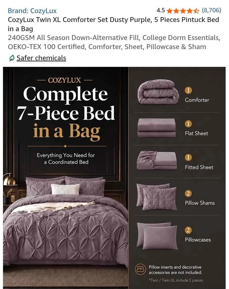 CozyLux Twin XL Comforter Set Dusty Purple, 5 Pieces