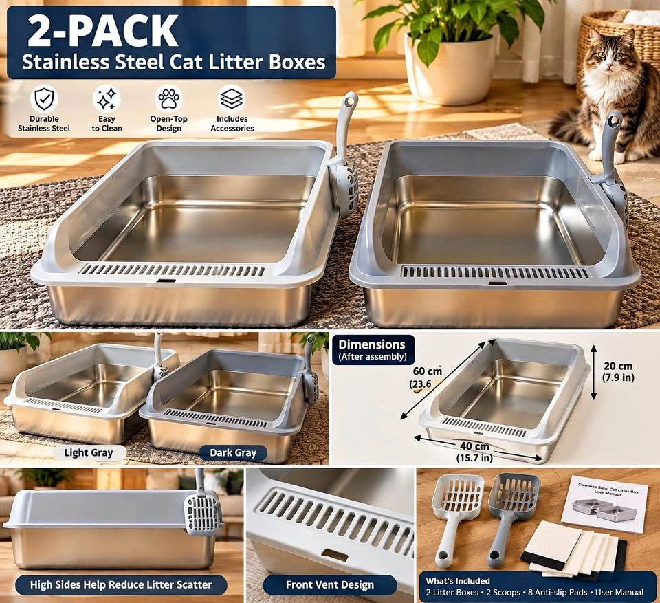 Brand New 2-Pack Stainless Steel Cat Litter Boxes – 2 Colours