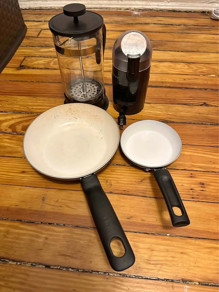 Kitchen Starter Kit: Coffee Grinder, French Press, Pans
