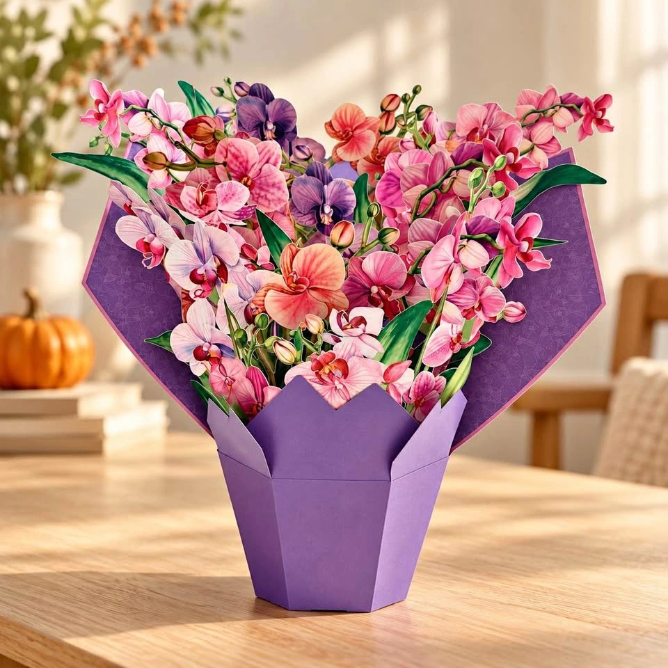 3D Orchid Bouquet Pop-Up Greeting Card – Purple