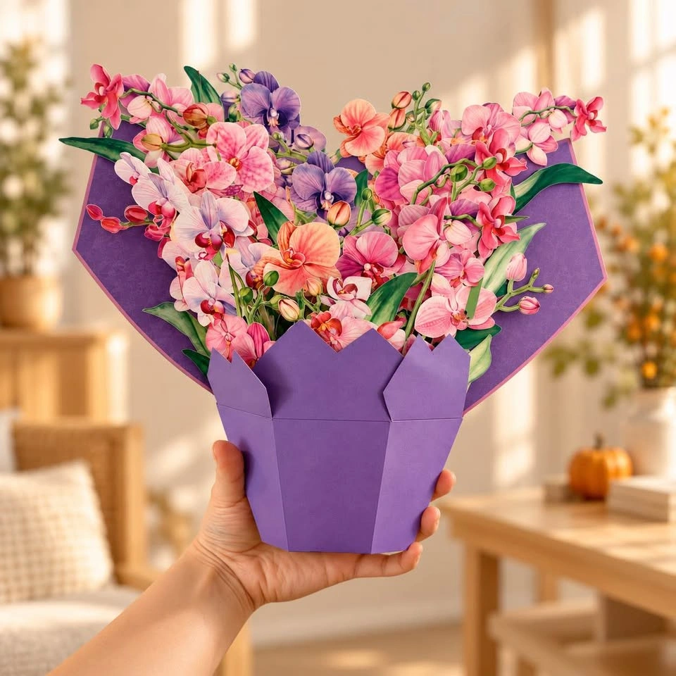 3D Orchid Bouquet Pop-Up Greeting Card – Purple - photo 2
