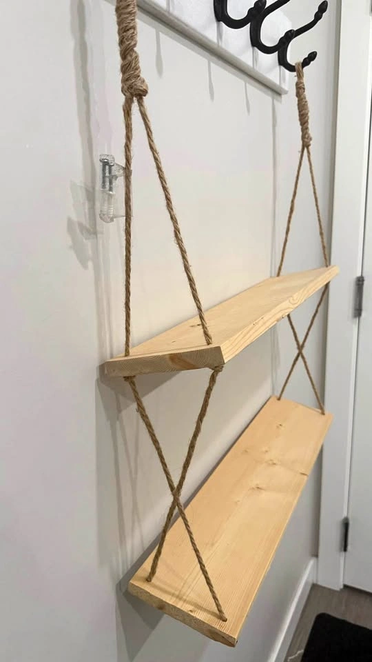 Handmade 2-Tier Wood and Jute Rope Hanging Shelf