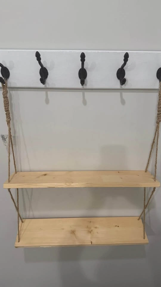 Handmade 2-Tier Wood and Jute Rope Hanging Shelf - photo 2