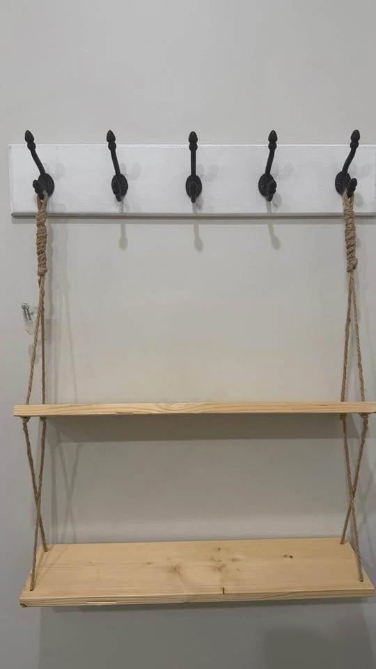 Handmade 2-Tier Wood and Jute Rope Hanging Shelf - photo 3