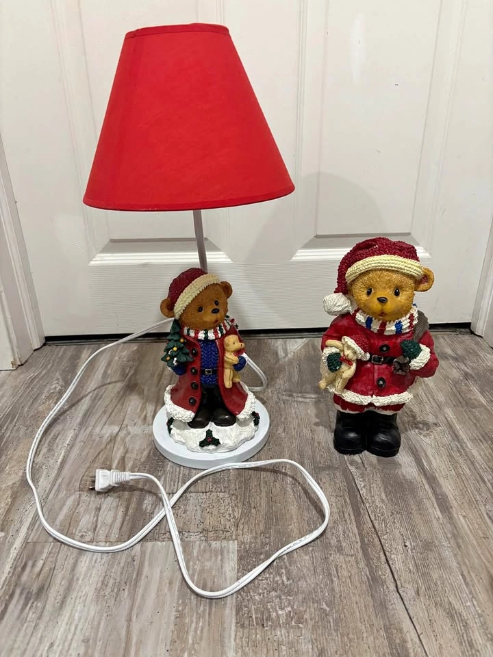 Vintage Christmas Teddy Bear Lamp & Matching Figurine Set