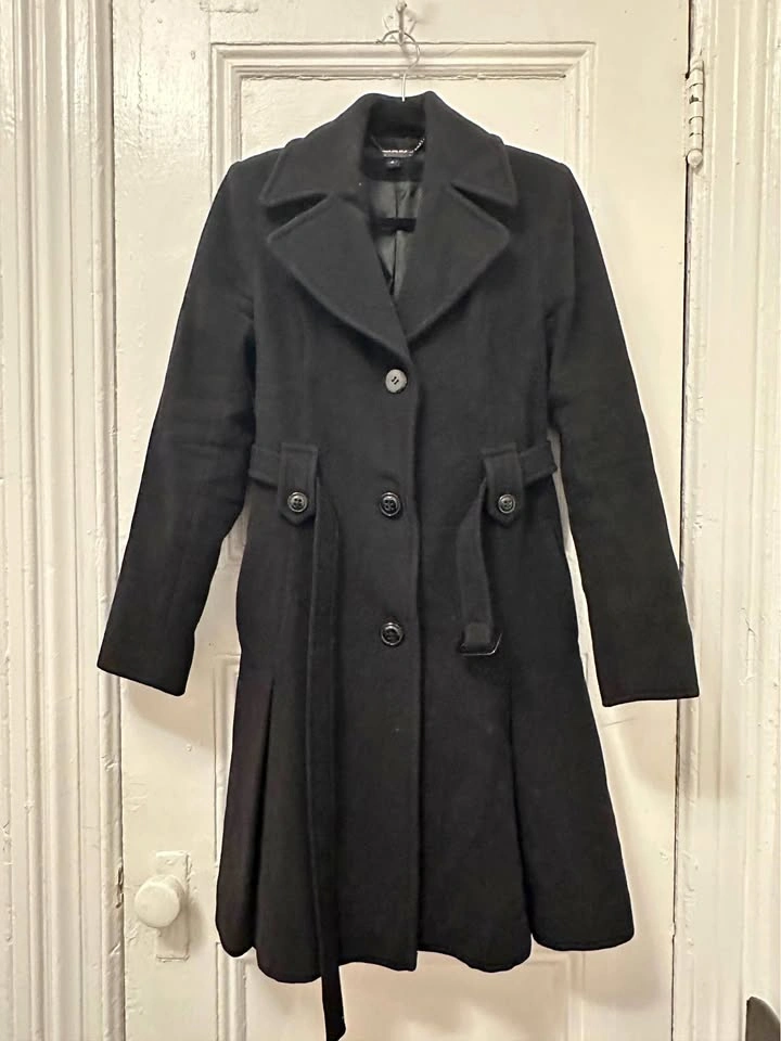 DKNY Wool & Cashmere Fit & Flare Skater Coat - Black, Size 4