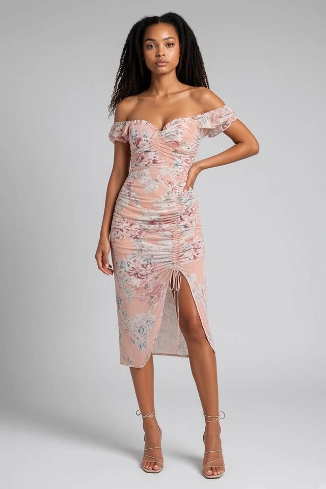 BNWT Saints and Secrets Floral Ruched Midi Dress - size XS