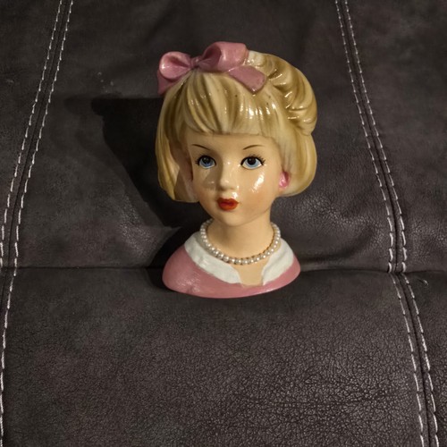 Relpo Lady Head Vase Teen Pink Blonde Bow Pearl. 5.5"