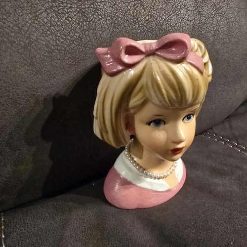 Relpo Lady Head Vase Teen Pink Blonde Bow Pearl. 5.5" - photo 2