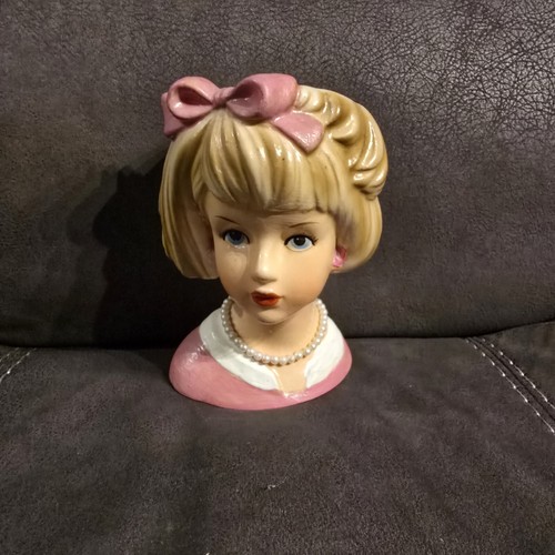 Relpo Lady Head Vase Teen Pink Blonde Bow Pearl. 5.5" - photo 4