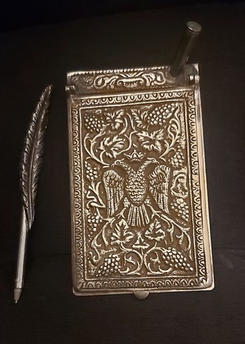 Vintage Note Pad Holder Metal With Original Pen. Very Rare.