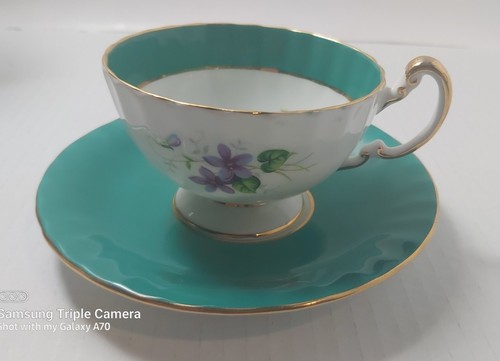 Aynsley Vintage Green Gilt w Rose Spray Teacup & Saucer