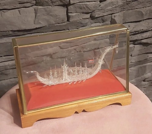 Hand Blown Glass Dragon Boat in Glass Case