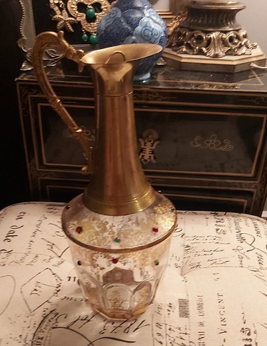 Vintage Italian Art Glass & Brass Hardware 11.5" Golden Decanter