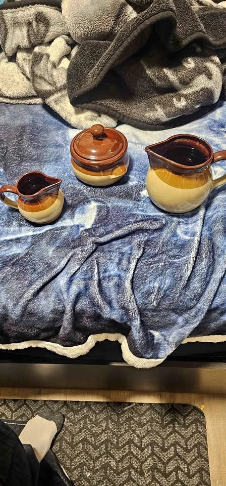 Vintage 1970s Stoneware Pitcher, Creamer & Sugar Bowl Set