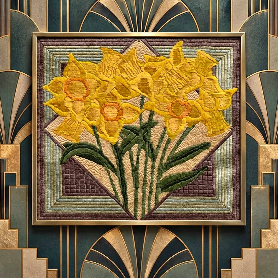 Vintage Framed Daffodil Needlepoint Wall Art