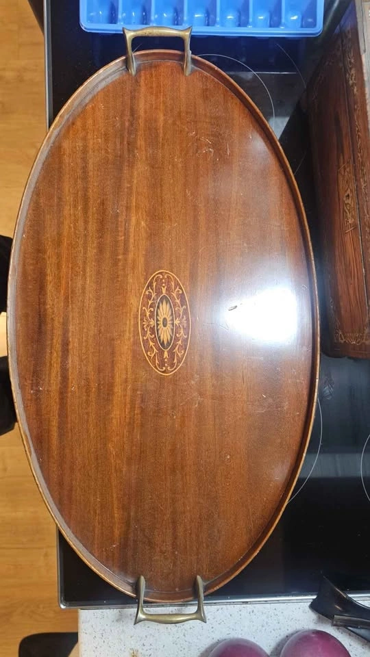 Antique Edwardian Mahogany Inlaid Serving Tray (c. 1900) - 25" - photo 2