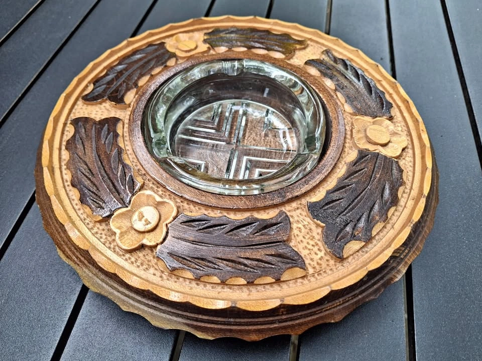 Vintage Hand-Carved Wooden Ashtray with Glass Insert