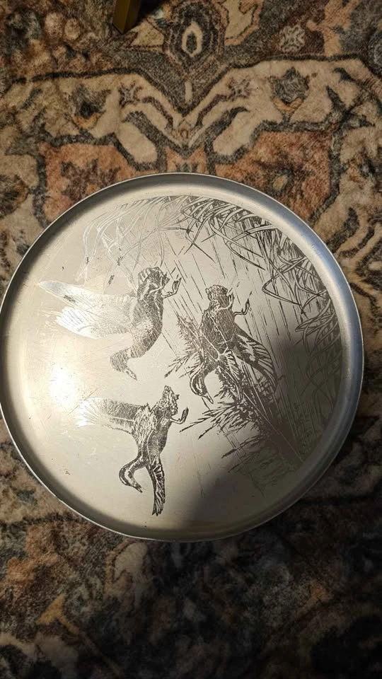 Vintage Mid-Century Etched Aluminum Mallard Duck Tray Platter - photo 2