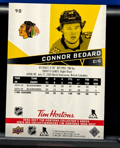 Connor Bedard 2026-27 Upper Deck Tim Hortons #98 Blackhawks - photo 2