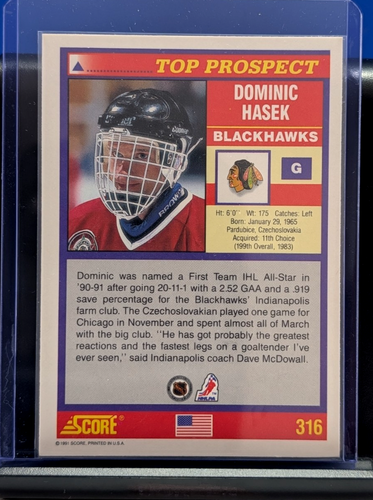 Dominik Hasek 1991-92 Score American #316 Rookie RC - photo 2