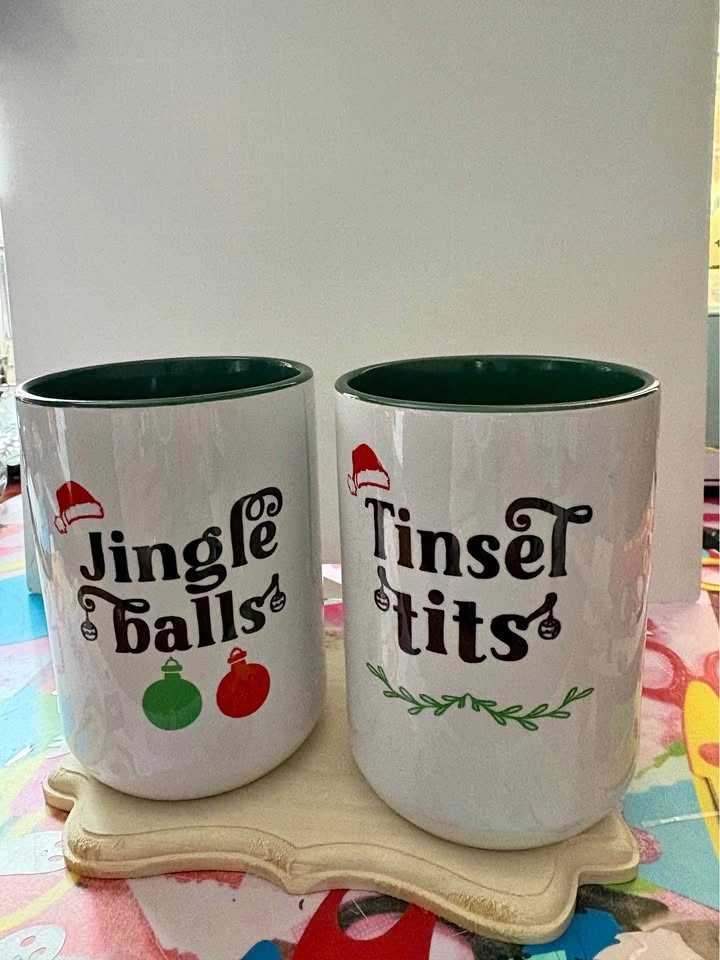 Christmas mugs tinsel and jingle 15 oz green inside and green ha