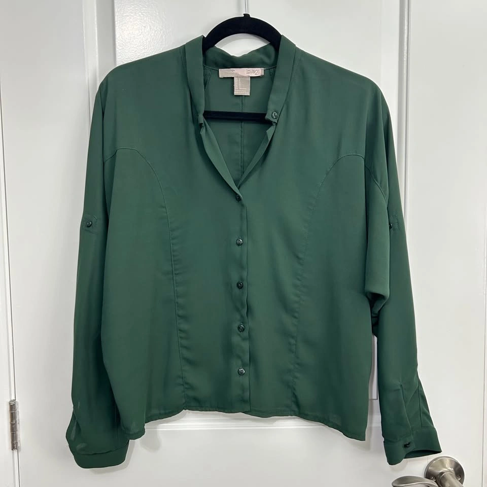 Forever 21 Dark Green Button-Down Blouse – Long Sleeve, Size S - photo 2