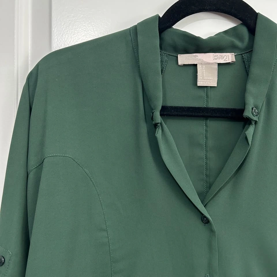 Forever 21 Dark Green Button-Down Blouse – Long Sleeve, Size S - photo 3