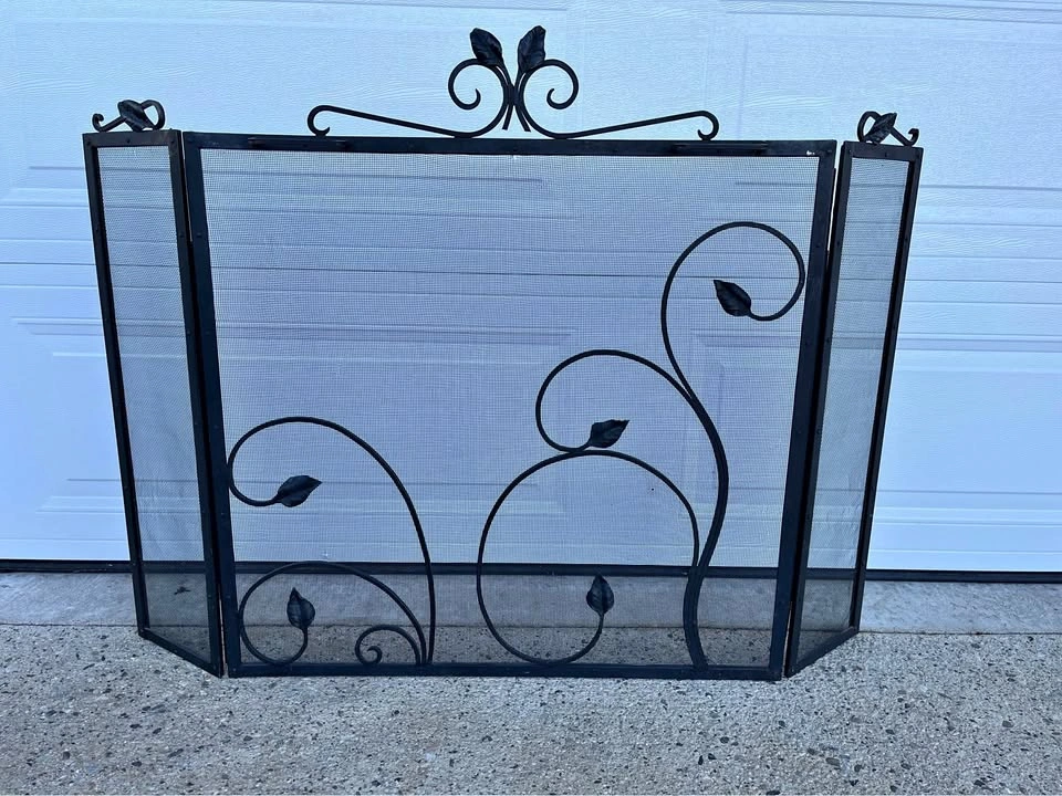 Wrought Iron Fireplace Screen w/ Leaf & Scroll Design
