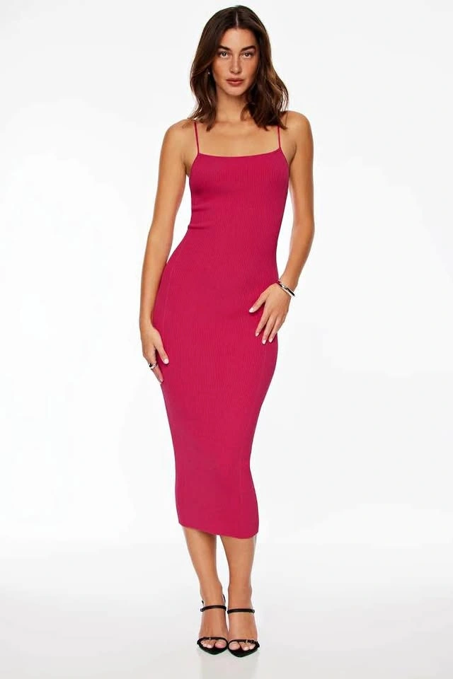 Fuchsia pink Ribbed Midi Dress