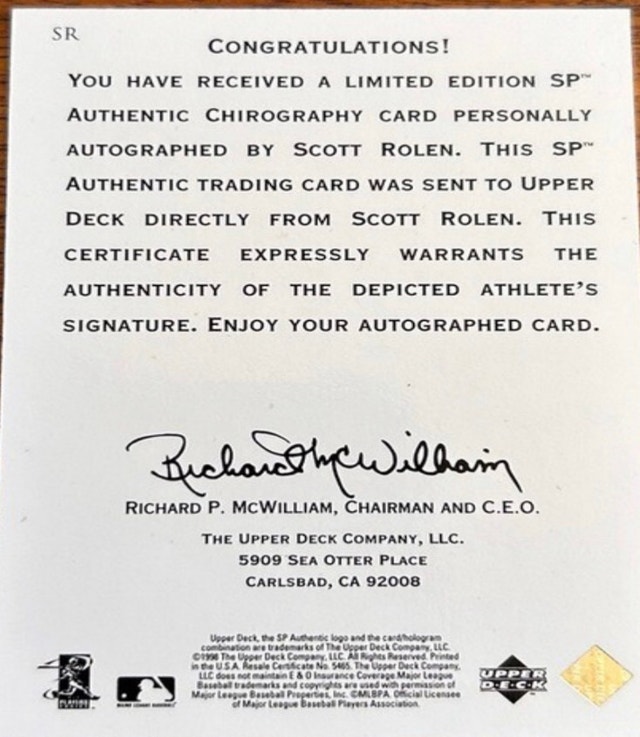 Upper Deck Scott Rolen SP Chirography Autographed Card - photo 2