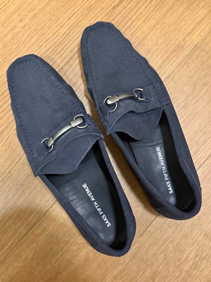 Saks Fifth Avenue Navy Suede Horsebit Loafers – New Without Box