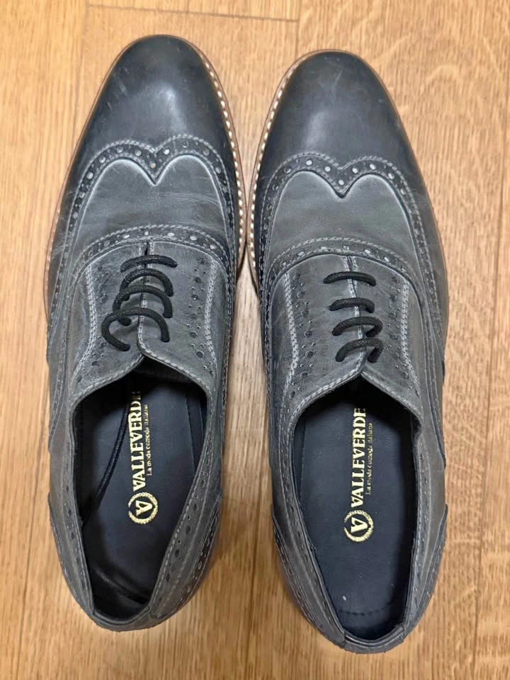 Valleverde Made in Italy Black Leather Wingtip Oxford Shoes