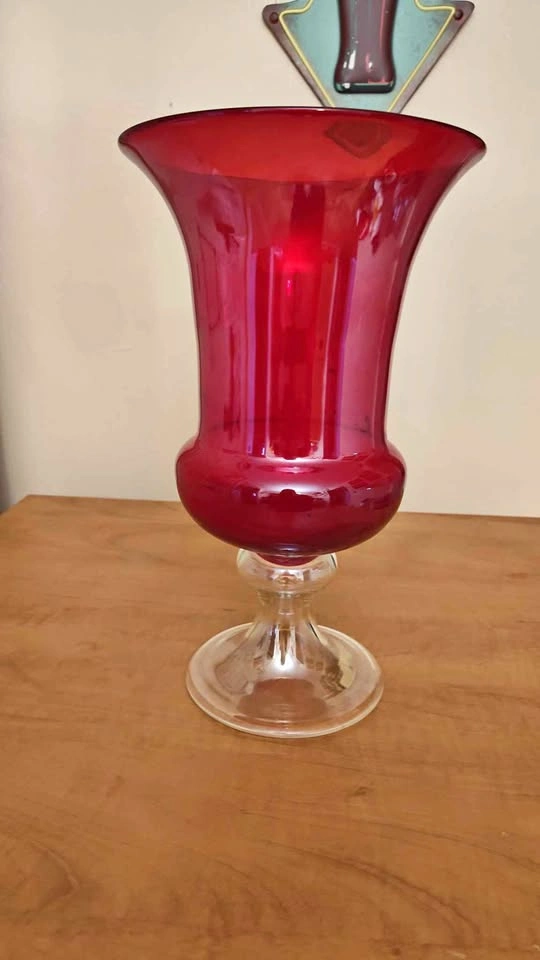 Red Glass Pedestal Vase - 13 Inch